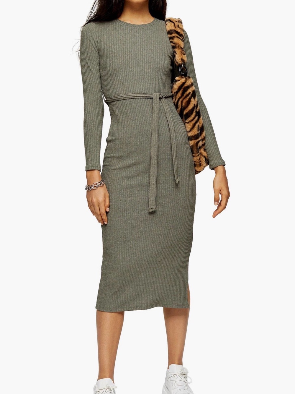 Topshop Olive Ribbed Long-Sleeve Midi Dress with Tie Waist